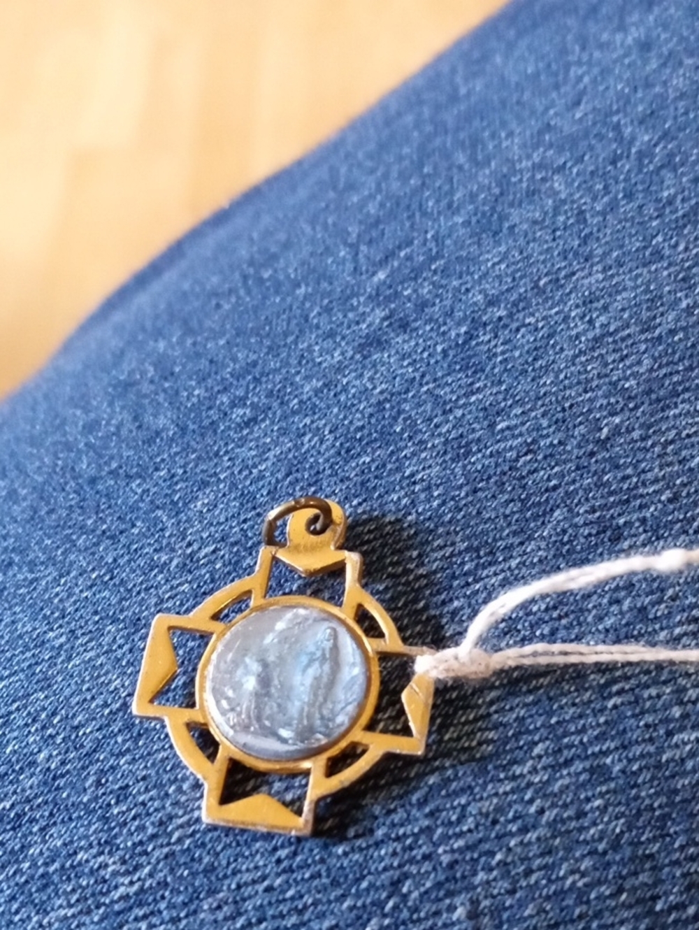 Gold Tone Sunburst Pendant with Blue Center Stone Virgin Mary Blessing Antique